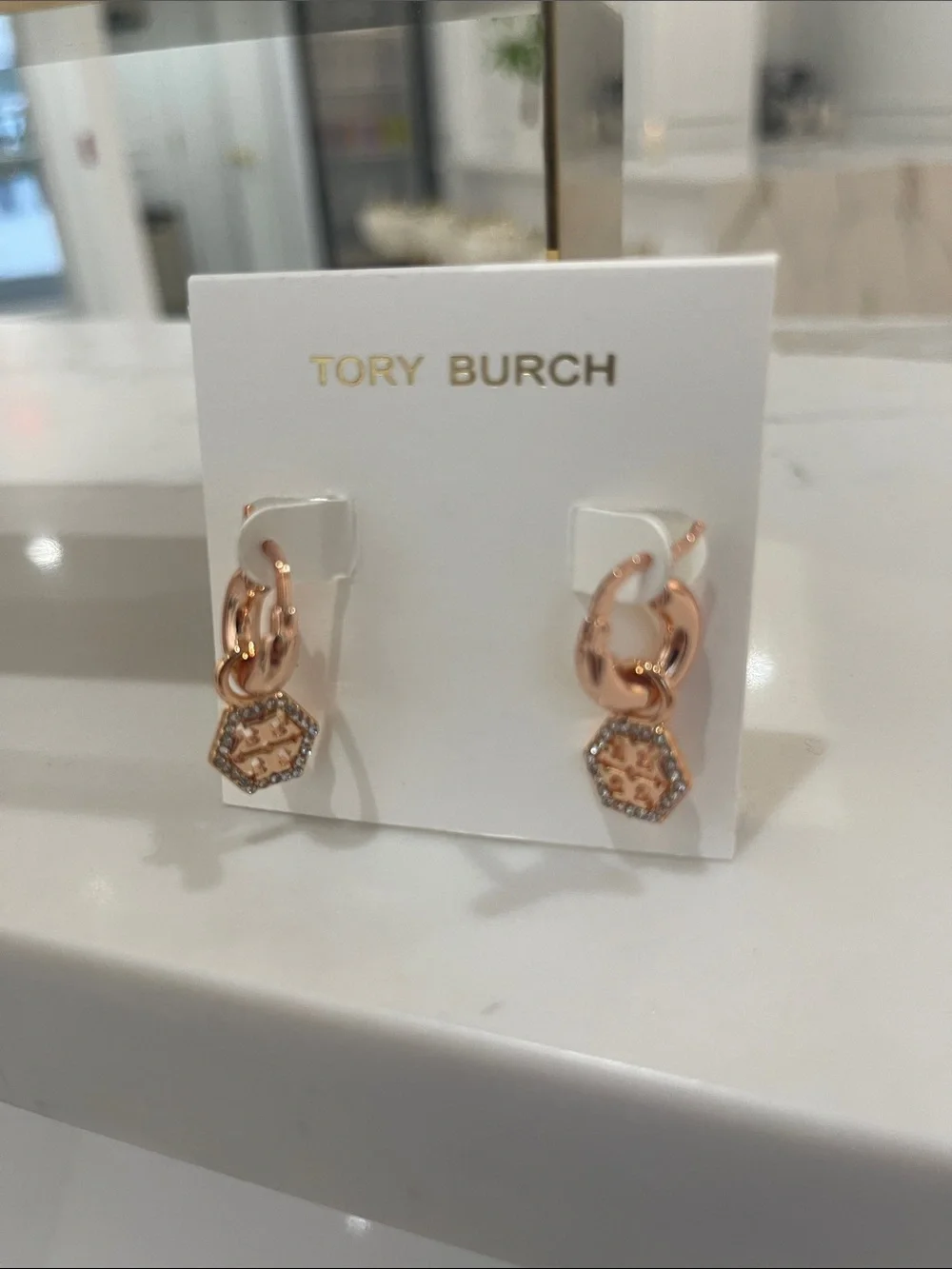 Tory Burch Rose Gold Double-Hoop Earrings with Logo Charm